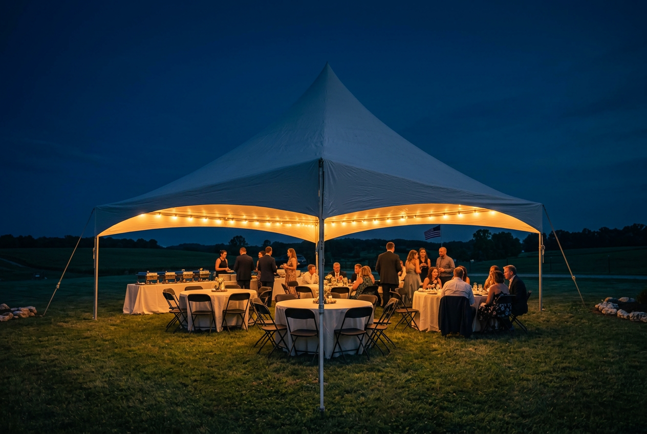 A 20x20 white high peak frame tent at night, glowing with string lights over guests at round tables in Ohio